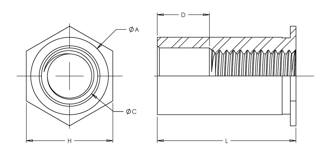 Self-Clinching Standoff, Thru Threaded For SS Sheets, 400 Series Stainless Steel, Passivated, 4-40 x 0.187, Hole Dia.: 0.250, 100 Pack