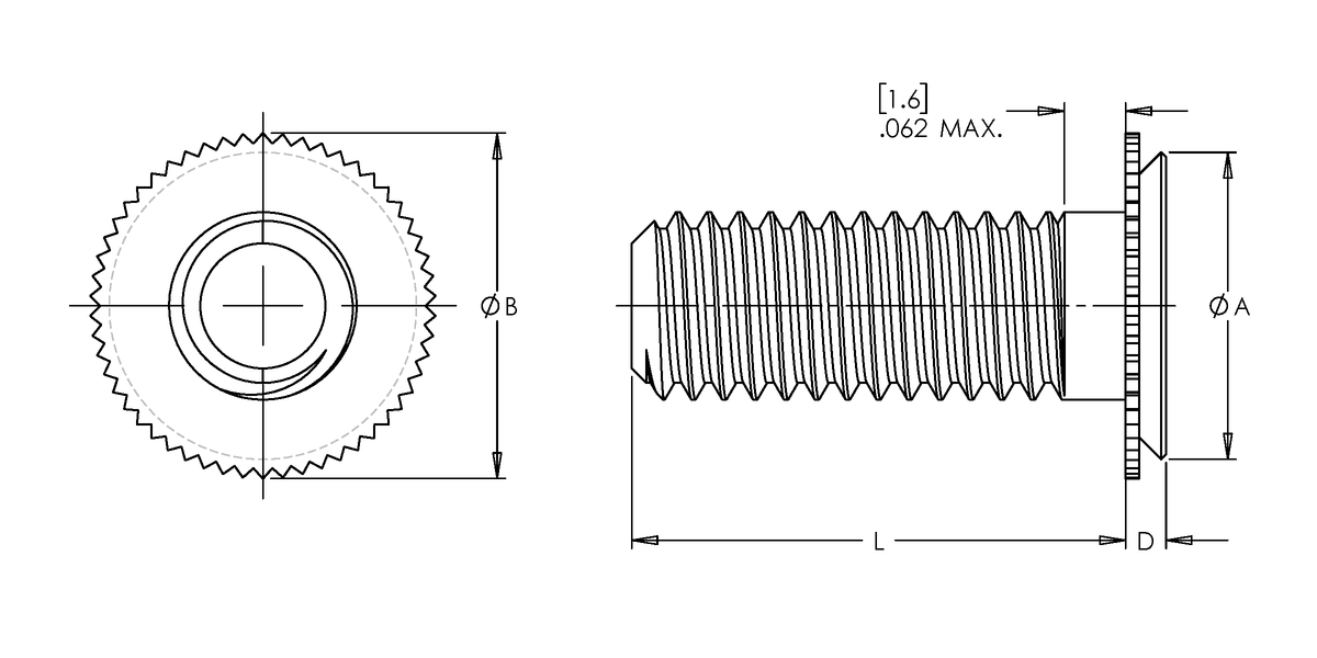 Self-Clinching Stud, Concealed Head, 300 Series Stainless Steel, Passivated, M3x0.5 x 12, Sheet Thick.: 1.6, 100 Pack