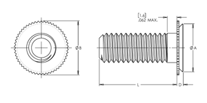 Self-Clinching Stud, Concealed Head, 300 Series Stainless Steel, Passivated, 4-40 x 0.375, Sheet Thick.: 0.062, 100 Pack