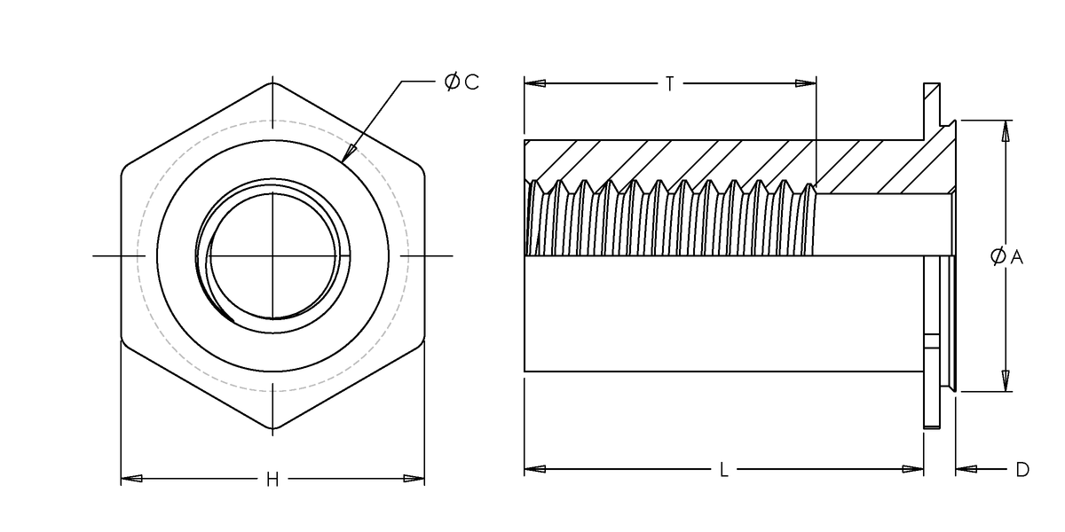 Self-Clinching Standoff, Concealed Head, 300 Series Stainless Steel, Passivated, 6-32 x 1.000, 100 Pack