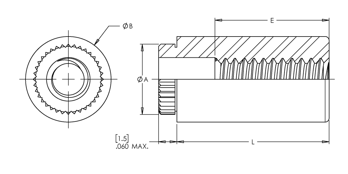 Broaching Standoff, 300 Series Stainless Steel, Passivated, 0.116 x 0.375, 100 Pack