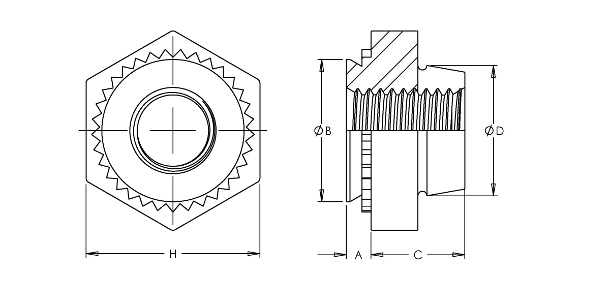 Self-Clinching Nut, Locking Thread, 7075 Aluminum, 10-32 x 1, 100 Pack