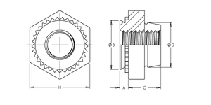 Self-Clinching Nut, Locking Thread, 300 Series Stainless Steel, Black Dry Film Lubricant, Metric, M5x0.8 x 1, 100 Pack
