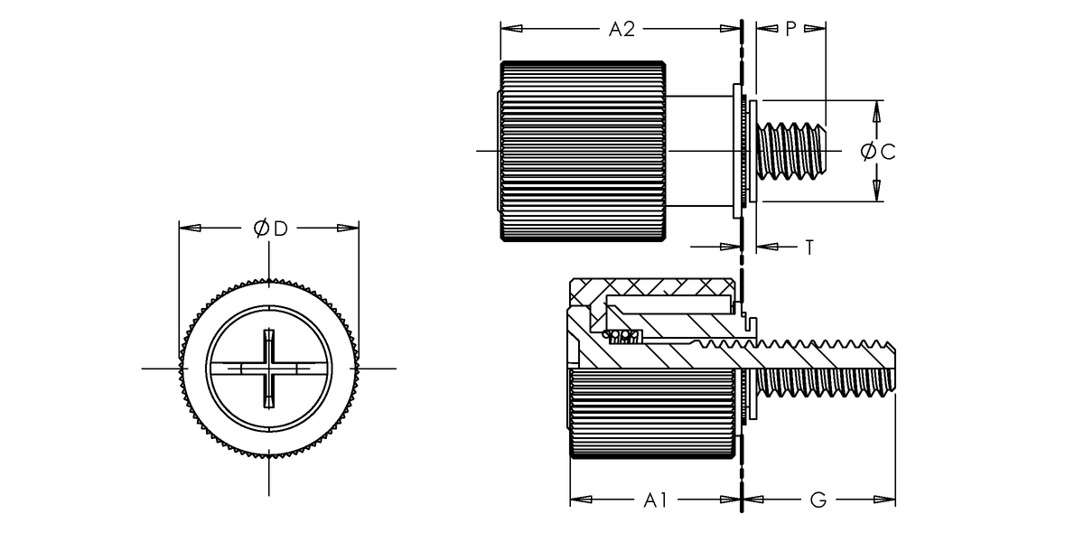 Self-Clinching Collar Base Panel Fastener, Knurled Head, Aluminum Knob, Steel Base, Stainless Screw, M3.5x0.6 x 2, 100 Pack