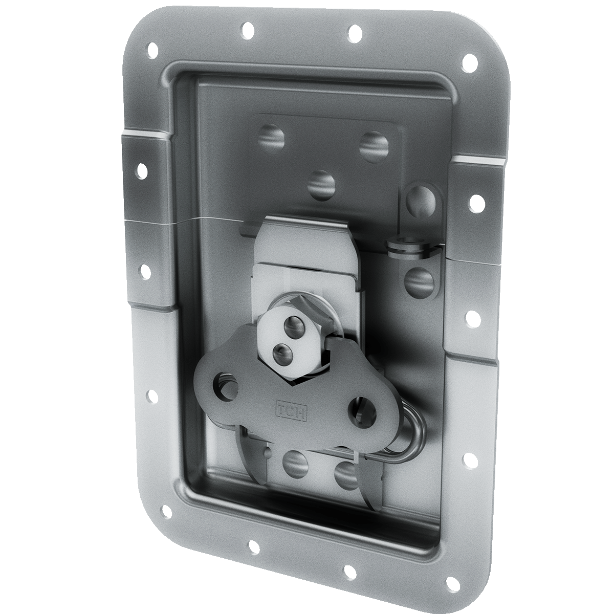 angled view of recessed pad lockable twist catch with low mount and offset