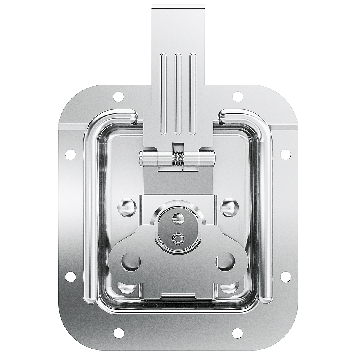Front view showing flush-mount recessed catch face