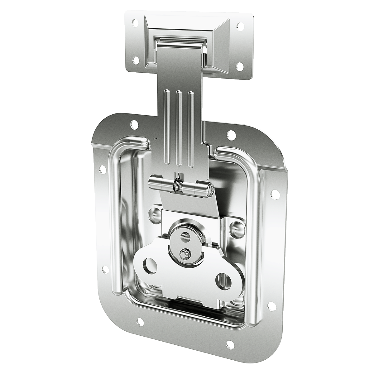 Angled detail of offset recessed catch and blade