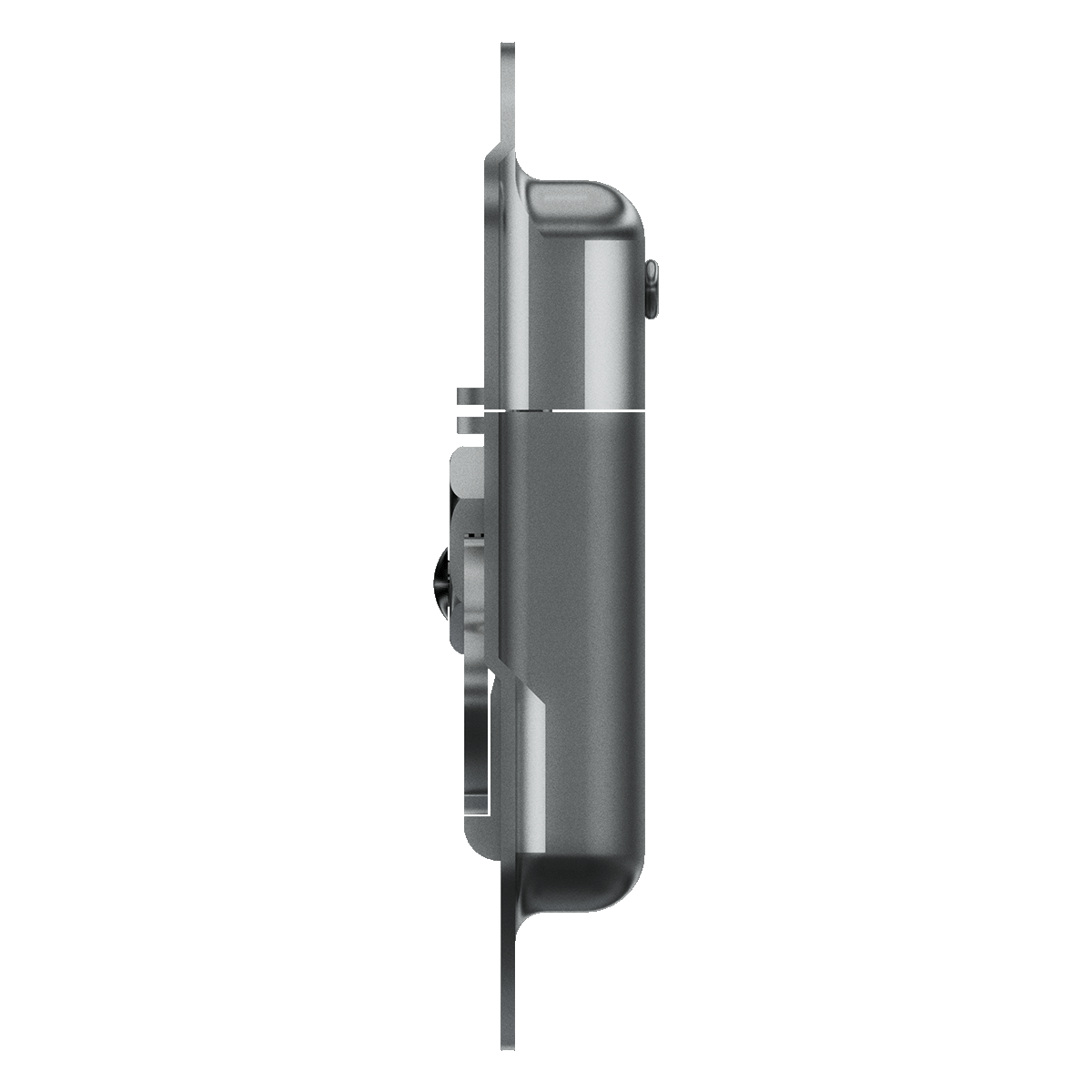 side profile showing latch dish and twist catch