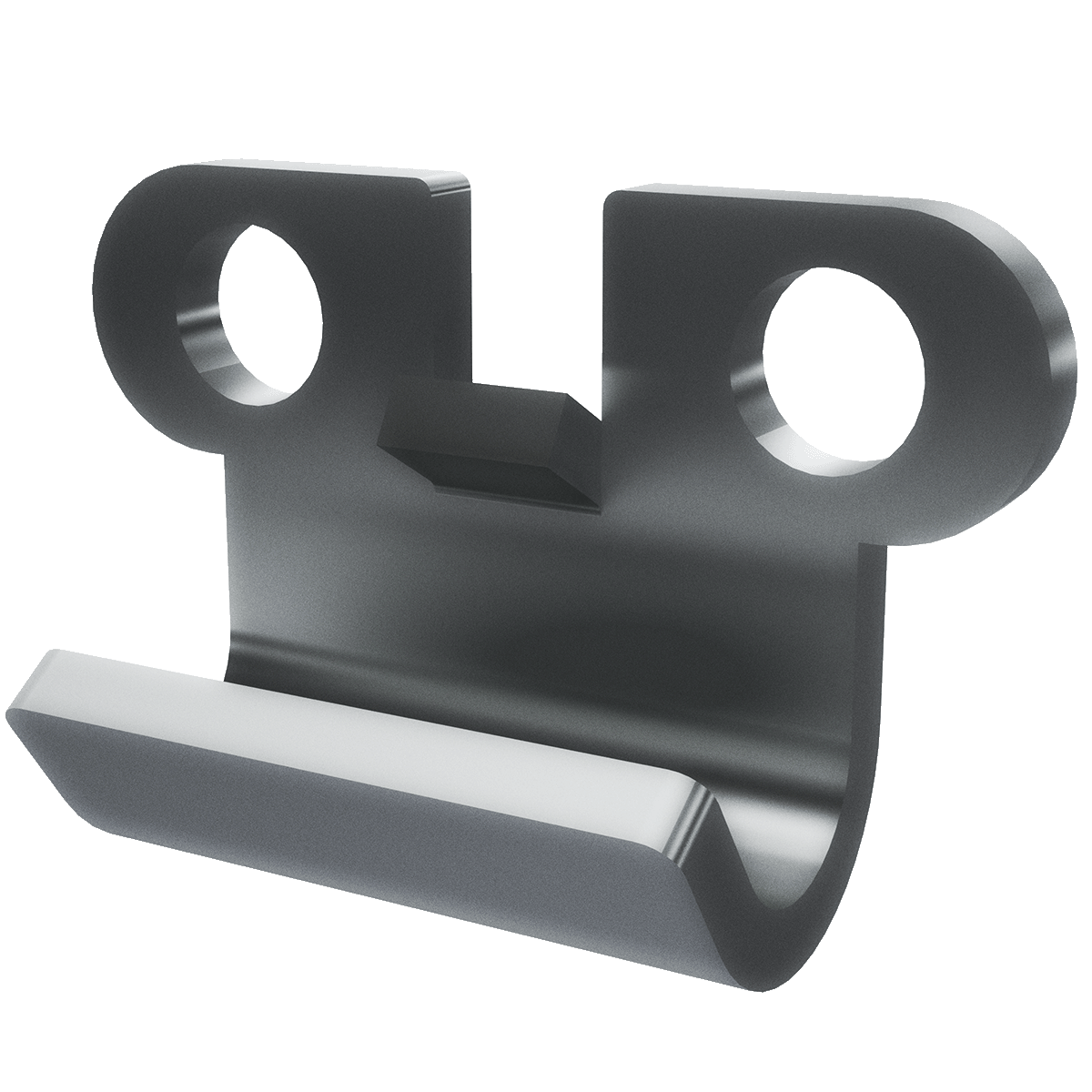 angled view of steel strike plate with guide tab and rear mounting holes