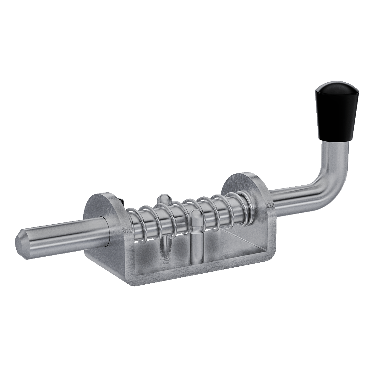 Aluminum base Spring Bolt with a stainless steel rod. Shown in right perspective with rod in closed position.