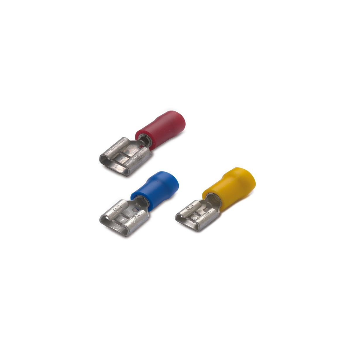 Female faston terminal lug for electrical wire in red, blue and yellow colors
