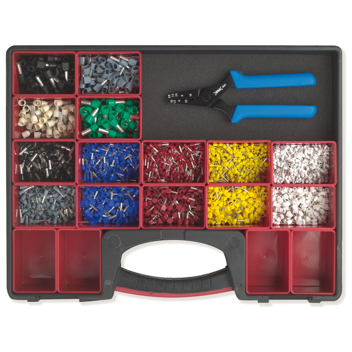 Assortment of socket terminal lugs in a red box with pliers