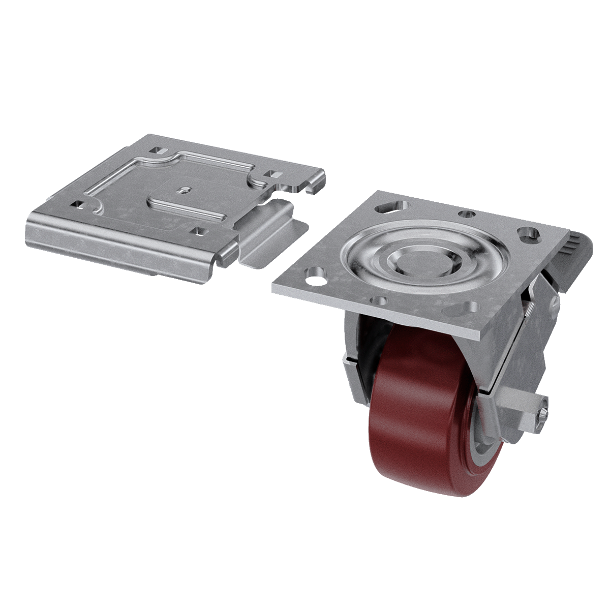 4x2 swivel caster shown with large quick release caster plate