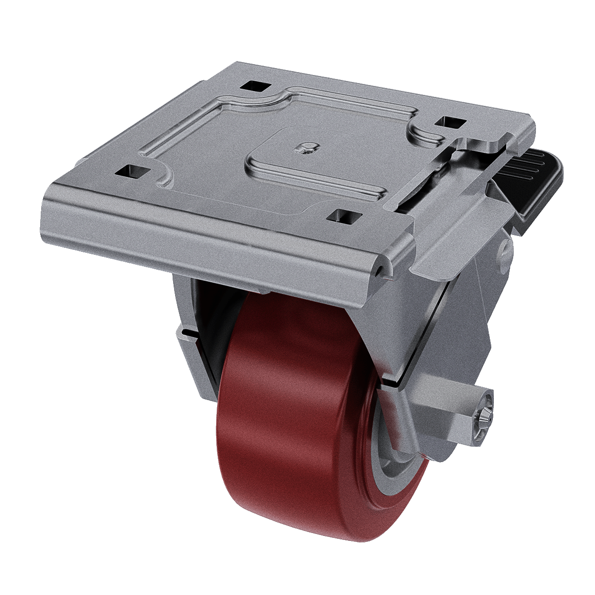 4x2 swivel caster shown mounted into large quick release caster plate