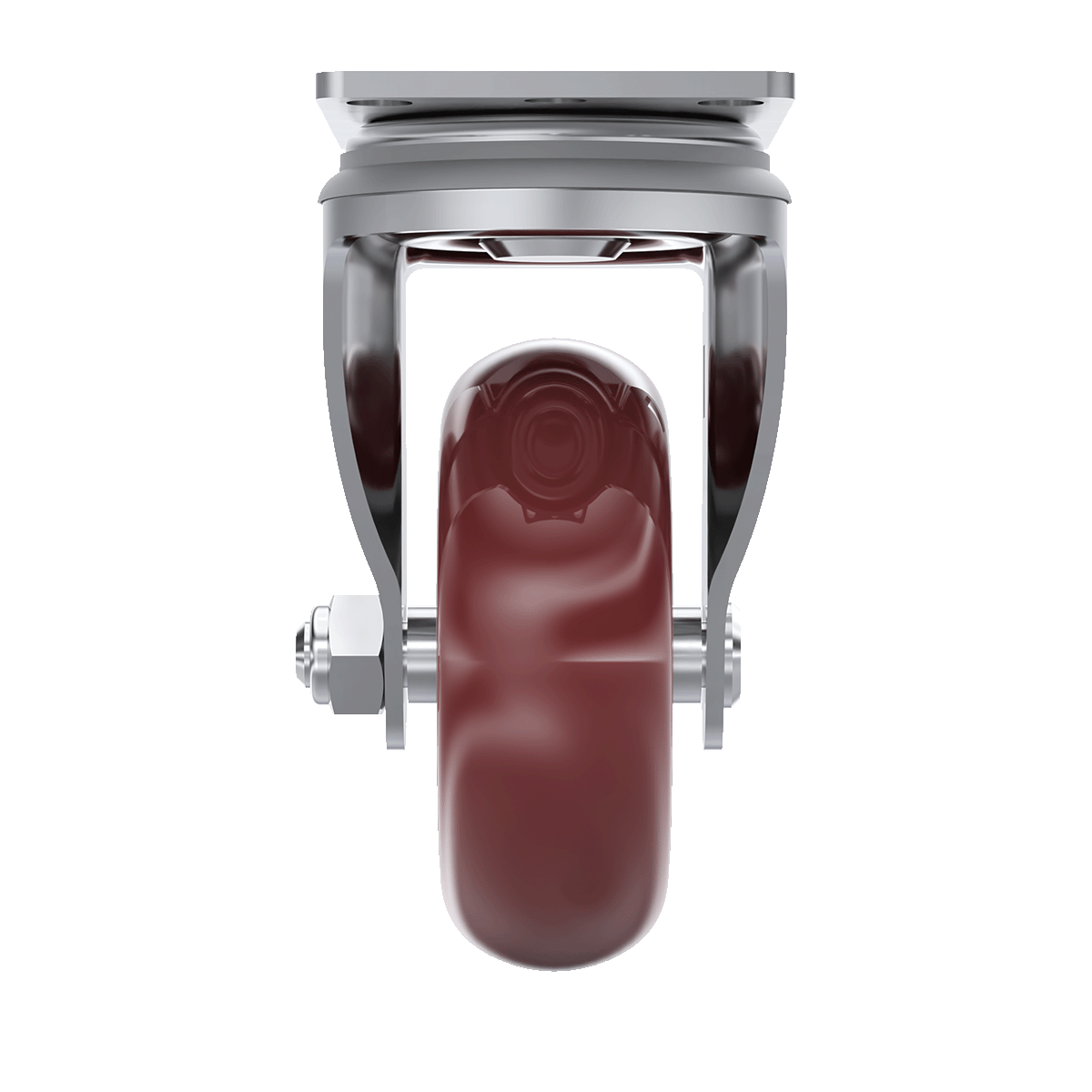 Front view of 3-1/2&quot; maroon polyurethane swivel caster
