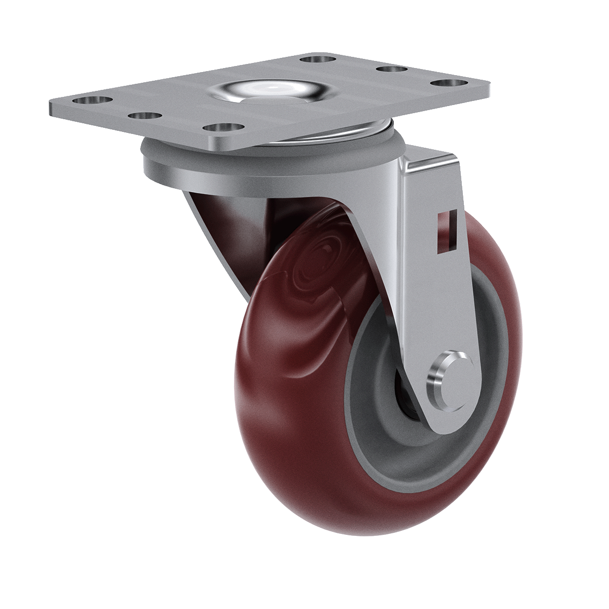 Right side view of 3-1/2&quot; maroon polyurethane swivel caster
