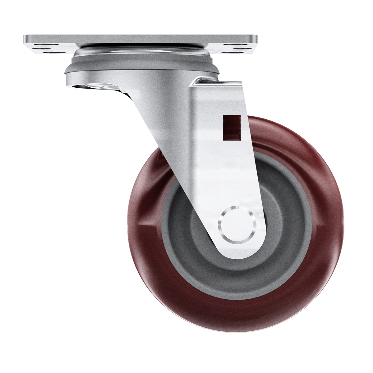 Side view of 3-1/2&quot; maroon polyurethane swivel caster